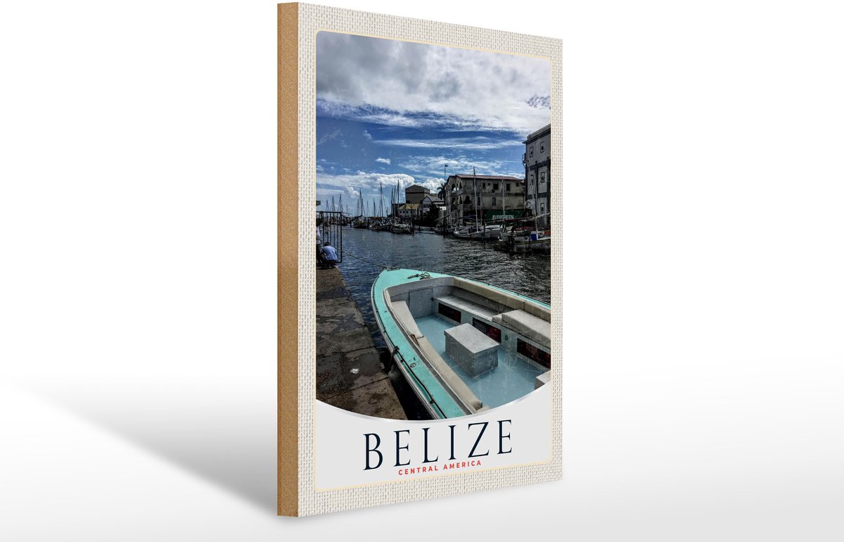 Holzschild Reise 30x40cm Belize Central Amerika Boote Ufer