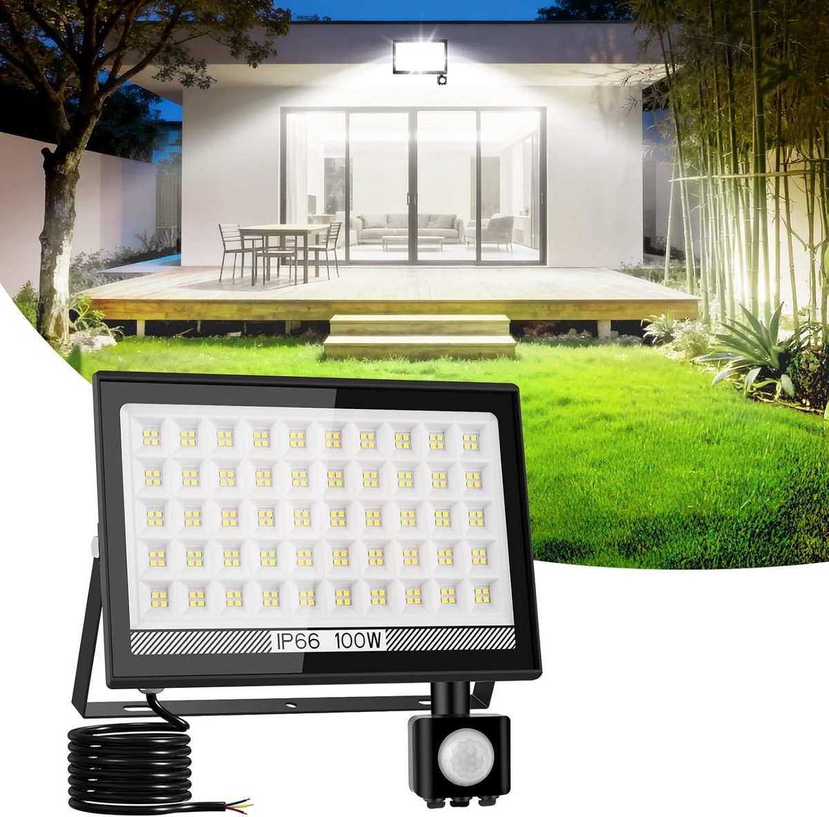 Led-spot met Bewegingsmelder voor Buiten - 100 W, IP66 Waterdicht, 6000 K, Superhelder, Voor Tuin en Garage