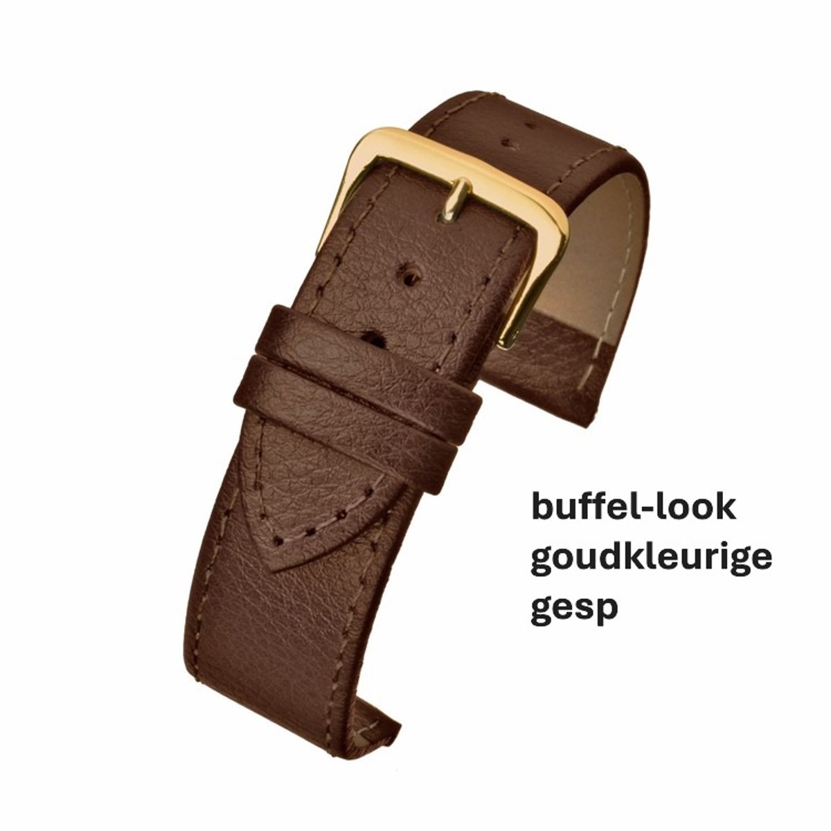 Horlogeband-horlogebandje-20mm-bruin-cognac-gestikt-buffellook-echt leer-plat- goudkleurige gesp-leer-20 mm