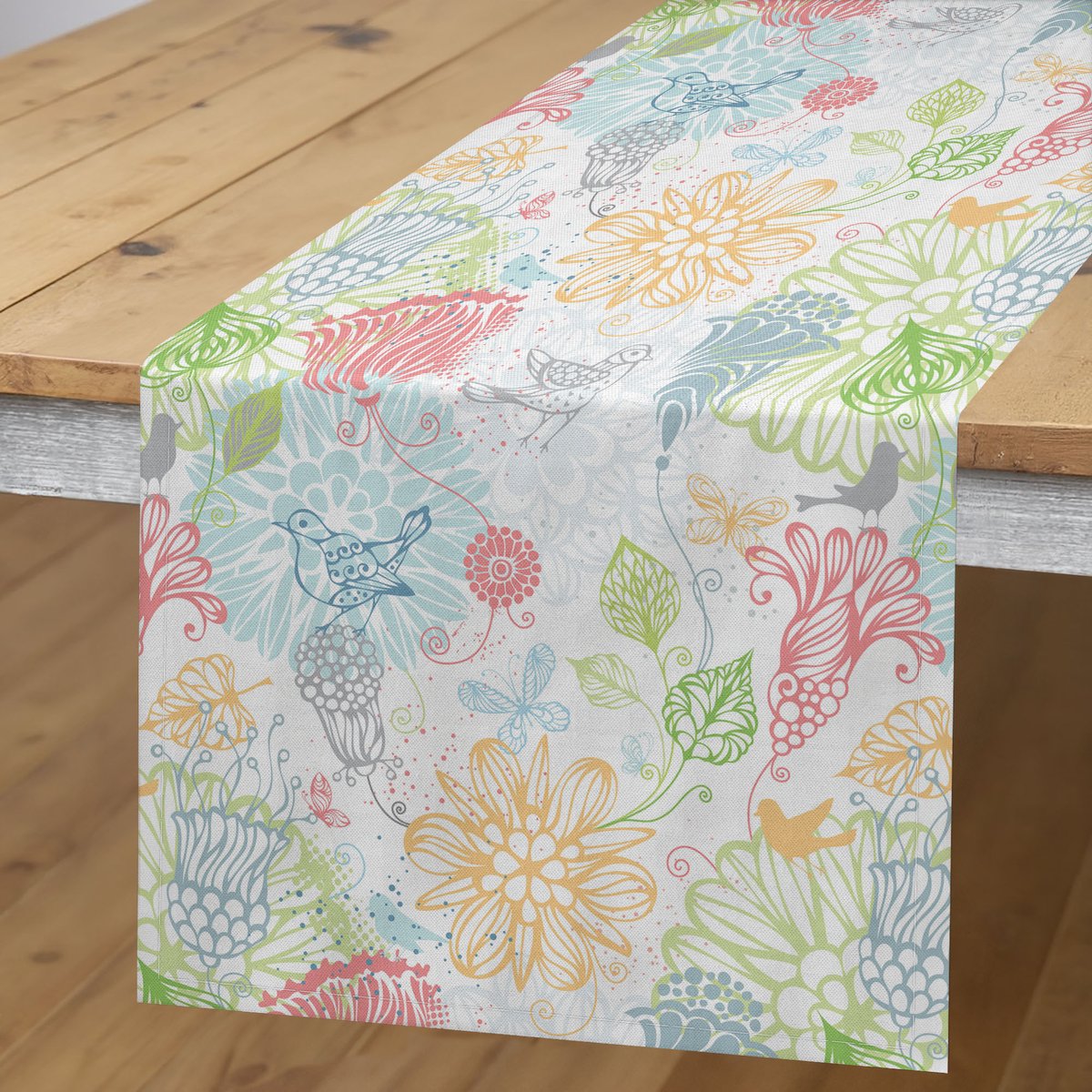 ABAKUHAUS vogels tafelrunner – damastpatroon – 40 x 180 cm – veelkleurig