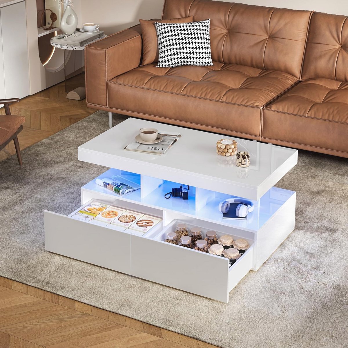 Moderne rechthoekige salontafel met ledverlichting en opbergruimte, 100 x 50 x 35 cm