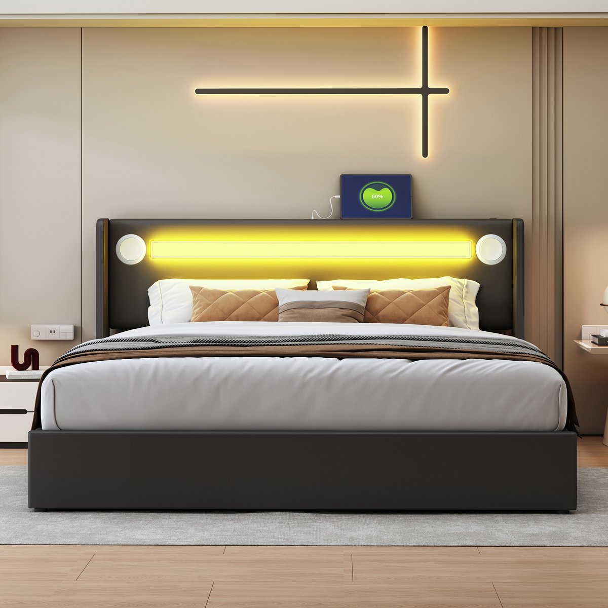 MODFU Gestoffeerd Opbergbed 160x200 met LED, Bluetooth, 2 USB-poorten, hydraulische lift, zwart