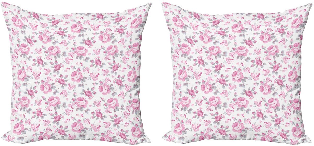 ABAKUHAUS Shabby Flora Kussenhoes Set – 2x50x50 cm – Dubbelzijdig bedrukt – Lichtroze/Wit/Grijs Pale Pink