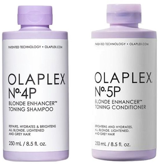 Twee paarse OLAPLEX flacons: N°4P Toning Shampoo en N°5P Toning Conditioner, beide 250 ml.