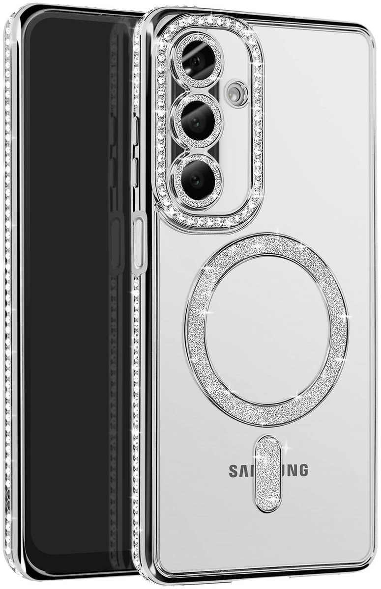 Avizar Diamond hoesje Geschikt voor Samsung Galaxy A26 MagSafe Omtrek Strass, Zilver