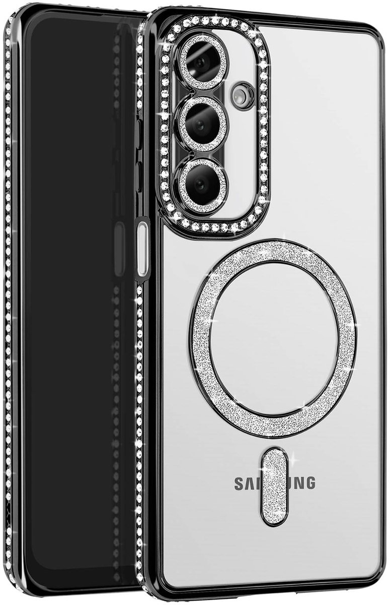 Avizar Diamond Hoesje Geschikt voor Samsung Galaxy A26 MagSafe Omtrek Strass, Zwart