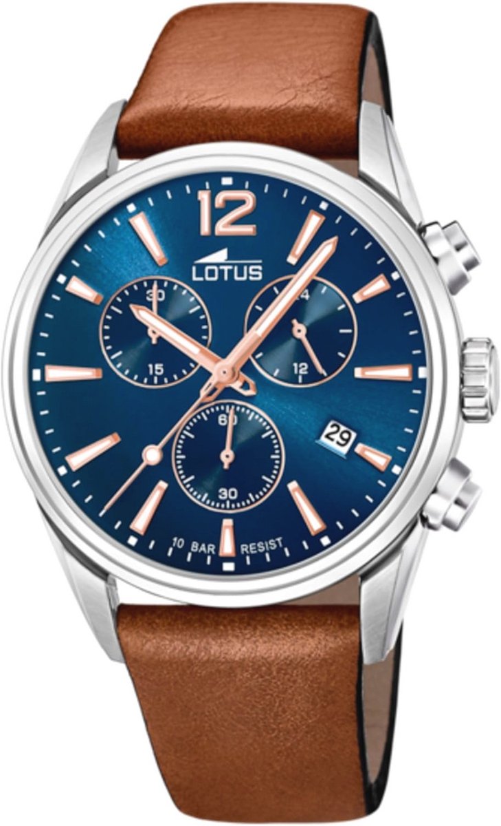 Heren Chronograaf Quartz Horloge met Leren Band, Zilver-Blauw, 42 mm