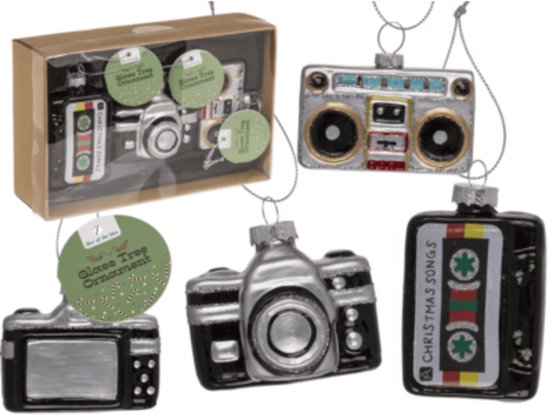 Ensemble de décoration de Noël en verre rétro de 3 – Cassette (7,5x3x4,5 cm), Appareil photo (6,5x4x5,5 cm) & Magnétophone (6x2x4 cm) – Fait à la main – Décoration de sapin unique