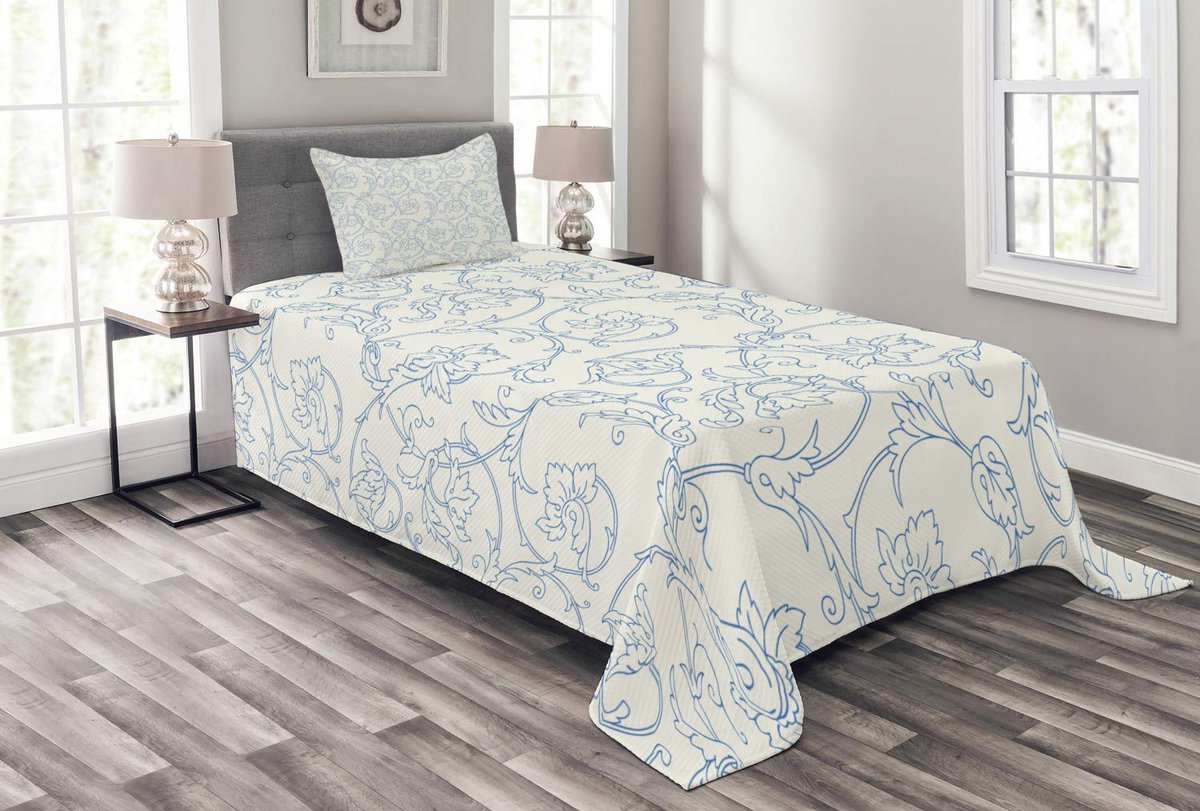 ABAKUHAUS Blauw-Wit Wijnoogst-Orchideeën Bedsprei – 170x220 cm, machinewasbaar