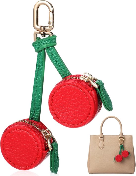 Breloque cerise pour sac à main - Porte-clés fruit mignon en cuir PU - Petit porte-clés à fermeture éclair - Convient aux sacs à main, sacs à dos et portefeuilles - Cadeau pour femme - Bel accessoire - Rouge