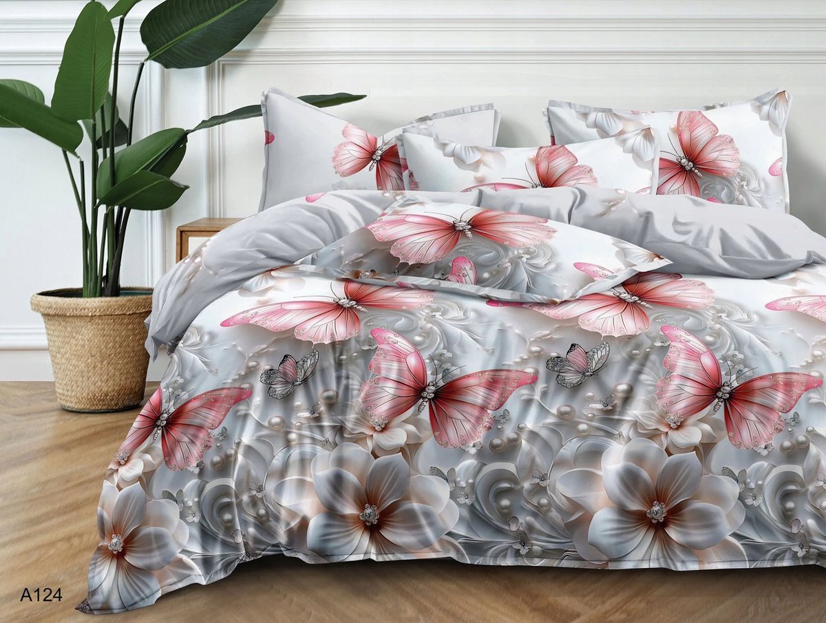 Image of 3D Katoen Satijn Beddengoed Set 160x200cm - Roze Vlinders