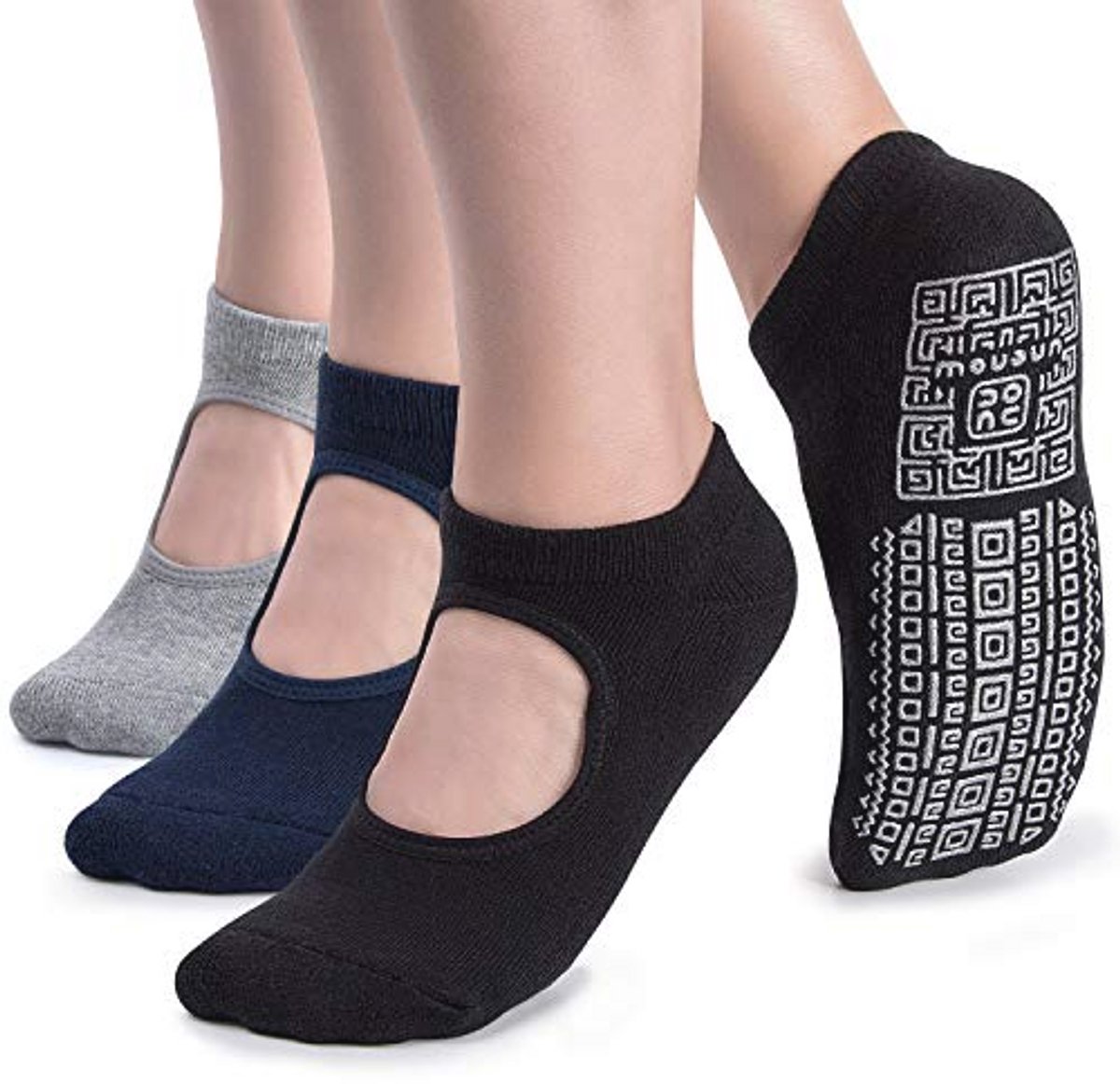 Antislip Grip Yoga Sokken voor Vrouwen - 3 Paar Kussensokken voor Pilates en Barre in Zwart, Blauw en Grijs