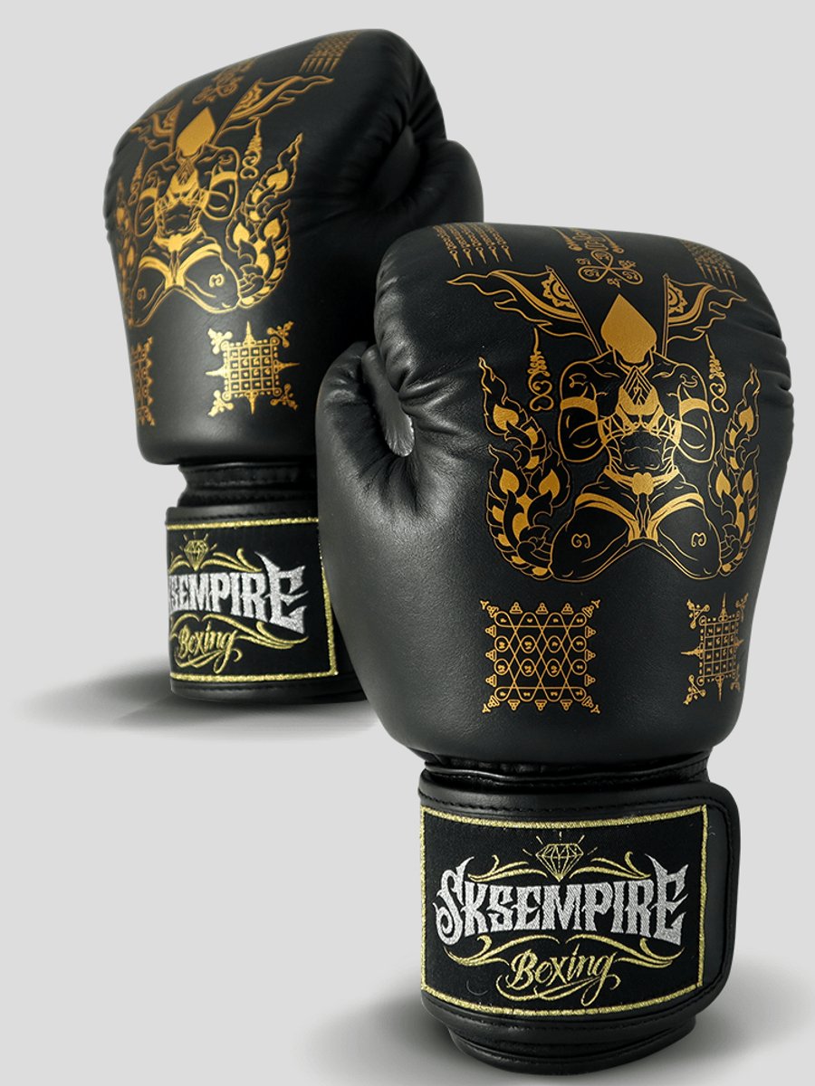 SKS Empire Bokshandschoenen - Sak Yant - Echt Leer - Zwart / Goud 16 oz