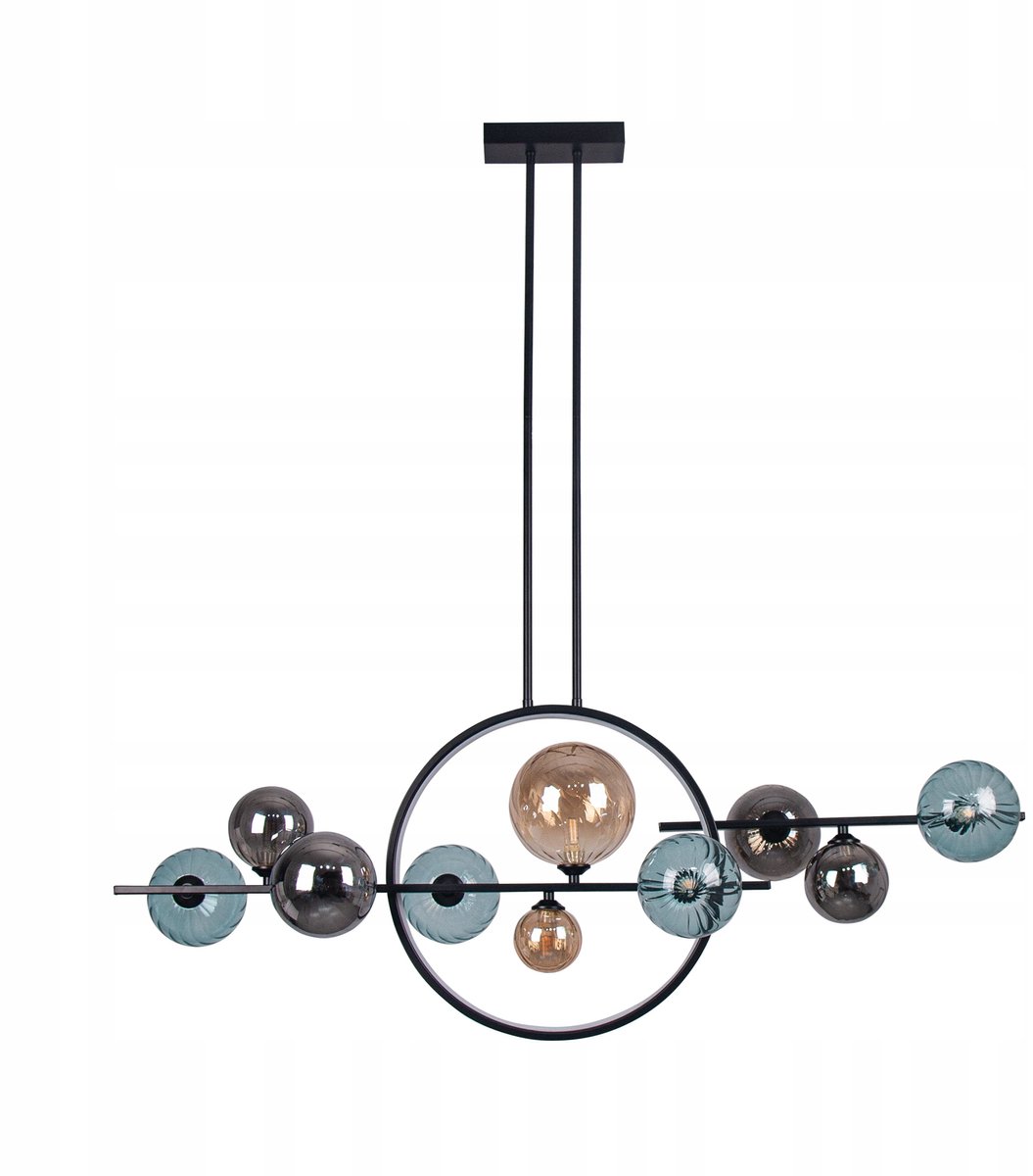 Moderne Zwarte Hanglamp met 10 Glazen Bollen en LED Ring