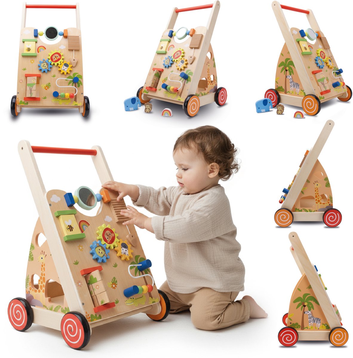 sun baby Babyspel en loopwagen - Bruin, loopwagen speelbord met interactief speelgoedwielen, rubber, voor kinderen 12-36 maanden