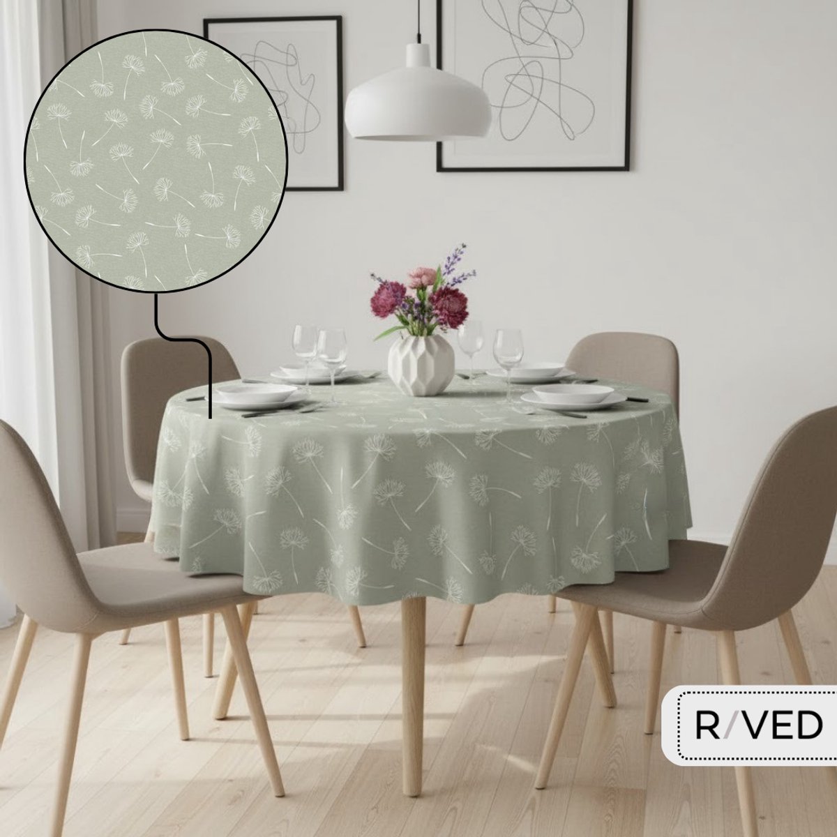 Raved Rond Tafelzeil ø 140 cm - Bloemen Paardenbloem - Groen PVC - Afwasbaar