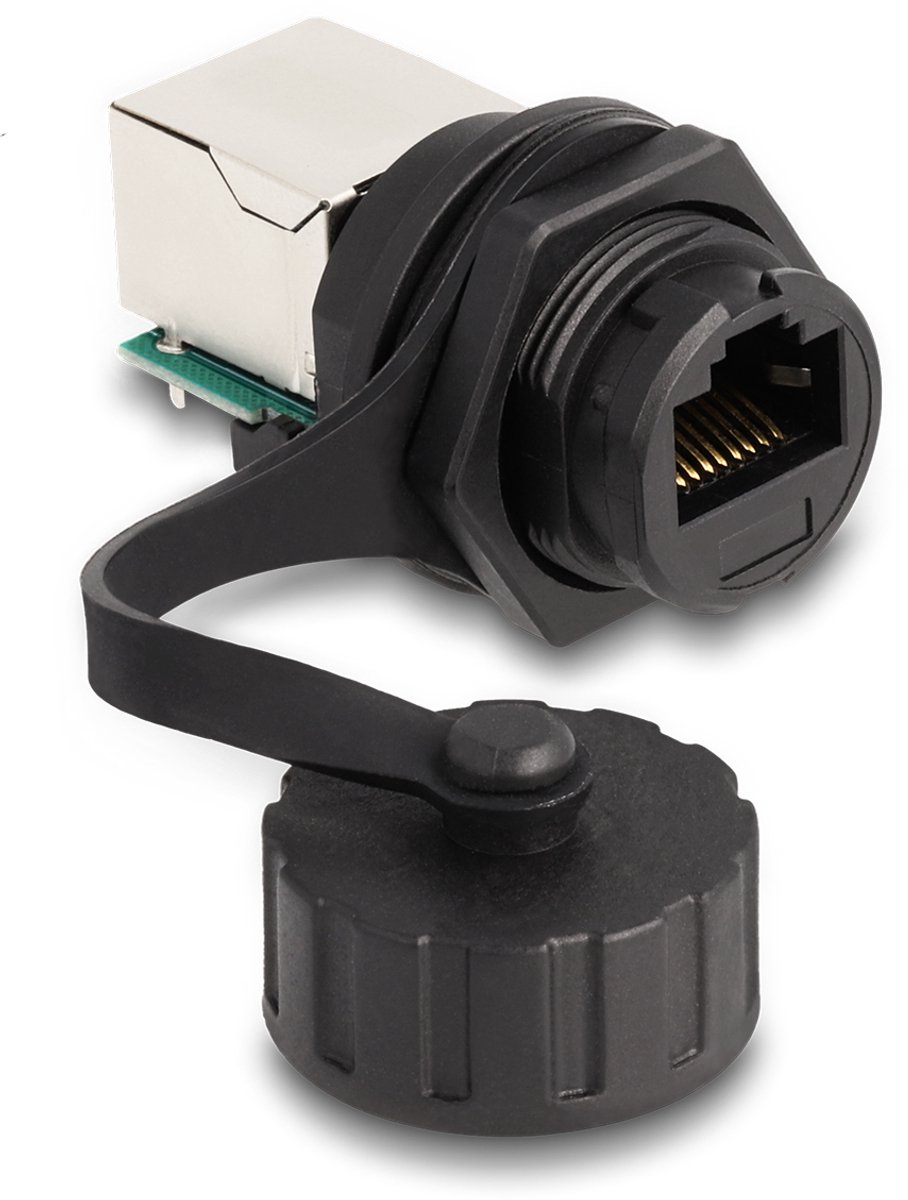 Delock Cable Connector RJ50 jack to RJ50 jack for installation with protective cap IP68 dust and waterproof black