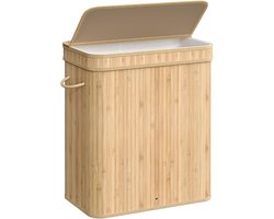 Wasmand Vuilewasmand met deksel handgrepen en uitneembare waszak Grote capaciteit van 100 liter opbergruimte Stevig en duurzaam bamboe frame Stijlvolle, eenvoudige en moderne uitstraling 34,5 x 54,5 x 61 cm naturel