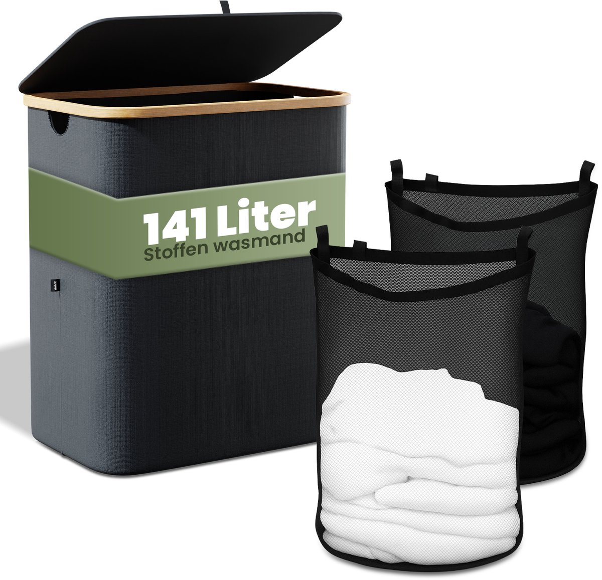 Bol.com Nince Wasmand - 2 Vakken - 141L - Met Deksel - Wassorteerder - Uitneembare Waszakken - Bamboe - Opvouwbaar - Zwart aanbieding
