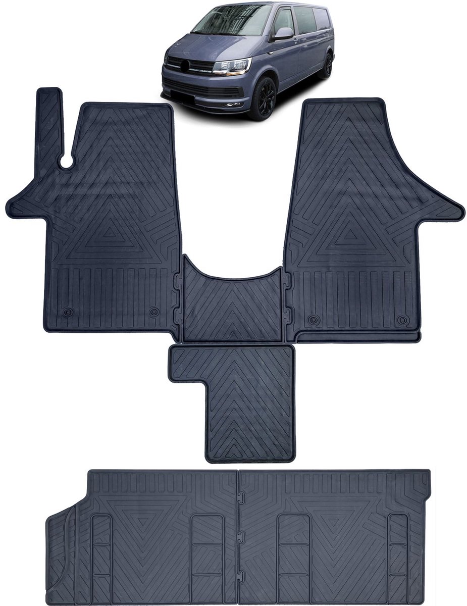 Premium Rubberen Vloermatten voor VW Transporter T5 / T6 6-delige Set Voorzijde, Tunnel & Achterrij Antislip, Geurloos & Perfecte Pasvorm Zwart
