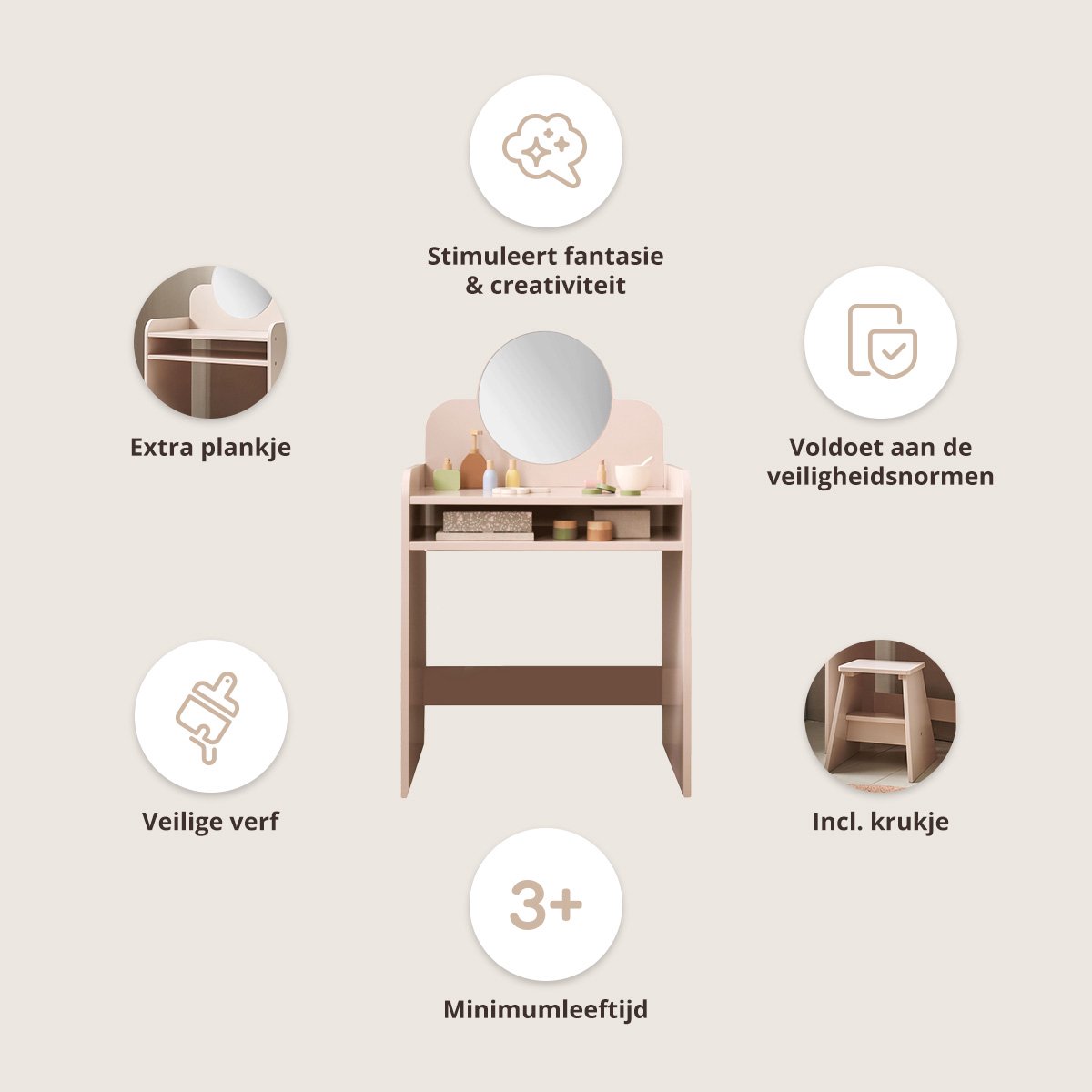 Petite Amélie Kaptafel Belle – Make up tafel met stoel & spiegel – Met ruim opbergvak – Ook te gebruiken als bureau — afbeelding 8