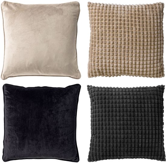 Dutch Decor - KUSSENSET - 4-delig - Dual Harmony - 45x45 cm - sierkussens inclusief binnenkussens - beige, zwart - Met Ritssluiting – Decoratie Kussens - Comfortabele kussentjes voor op de Bank