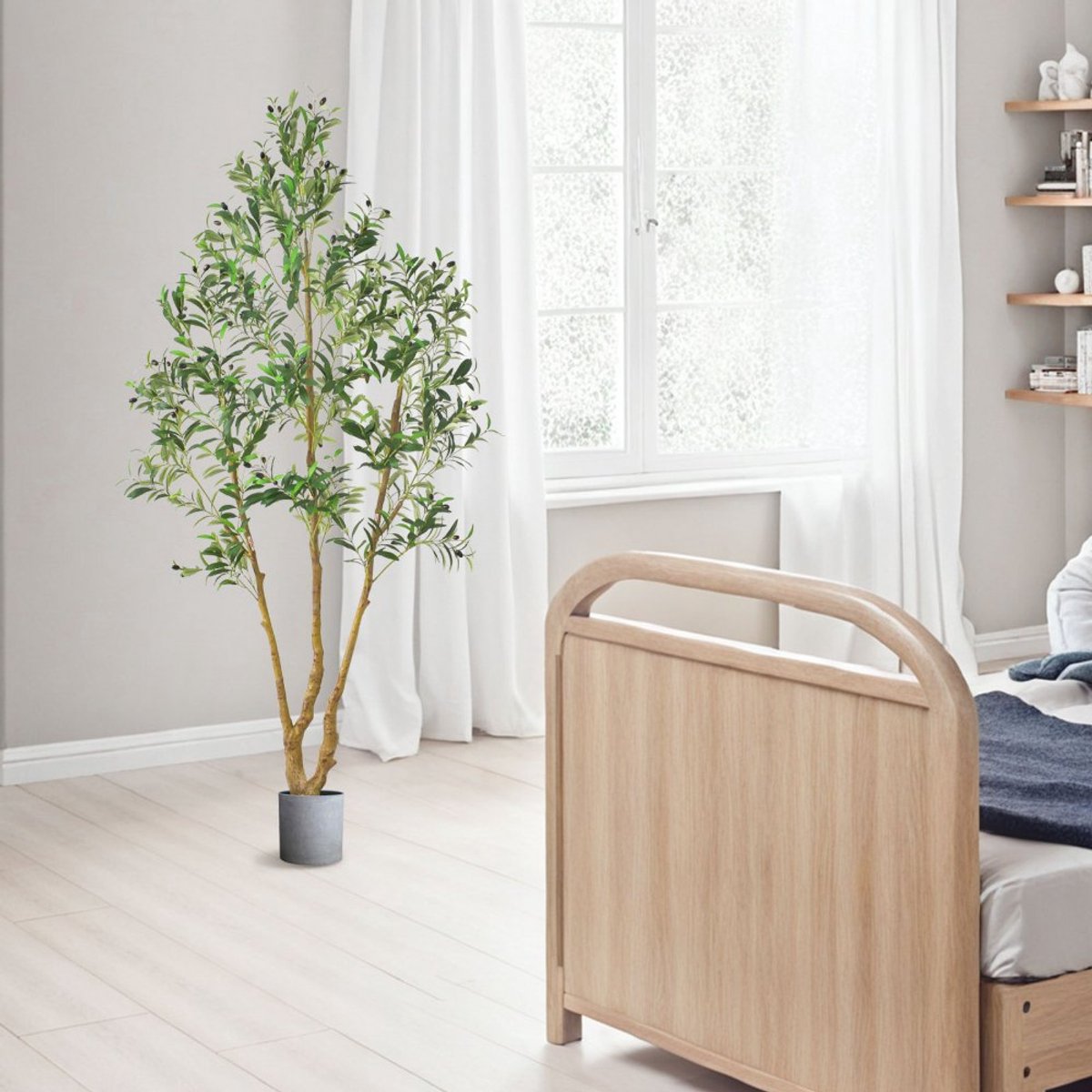 Kunst Olijfboom - Kunstplant - Hoogte 2,1 m - Met Zwarte Pot - Natuurlijke Houten Stam - Realistische Bladeren en Vruchten - Voor Binnen - Groen