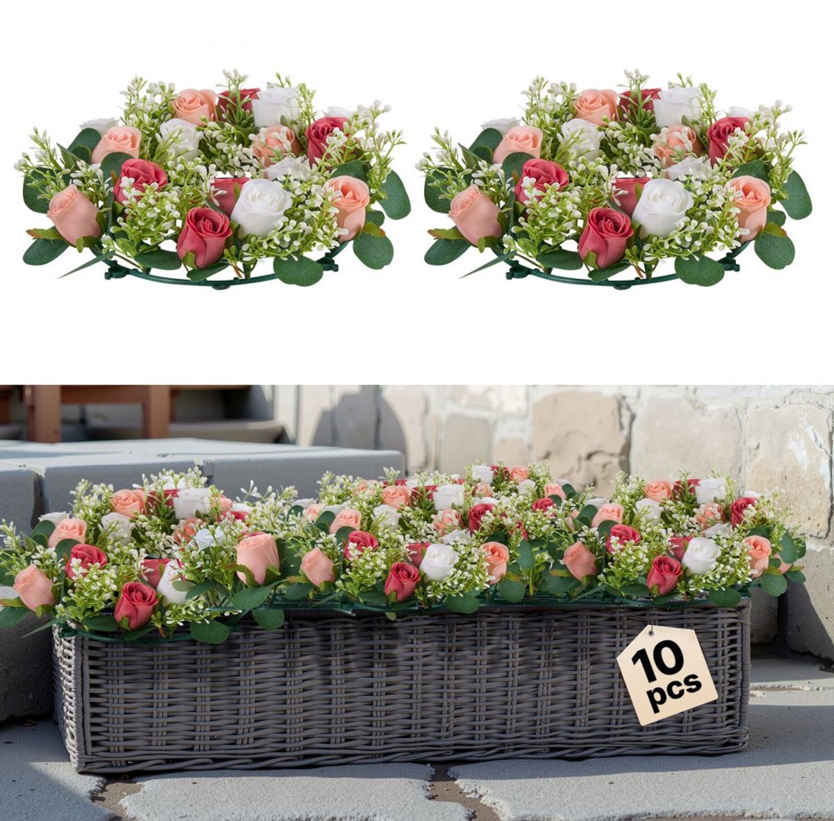 Kunstbloemenkrans - Bloemenkrans met Rozen - 34 x 34 x 9 cm - Set van 10 - Voor Valentijnsdag, Moederdag & Bruiloft - Tafeldecoratie - Roze/Wit