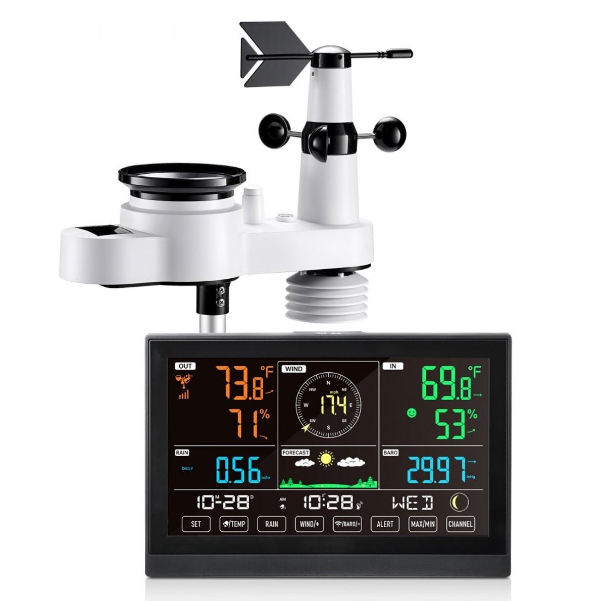 Weerstation - 5-in-1 - Buitensensor op Zonne-energie - Regenmeter - Weersvoorspelling - Temperatuur & Luchtvochtigheid - Windsnelheid & Windrichting - Zonder wifi