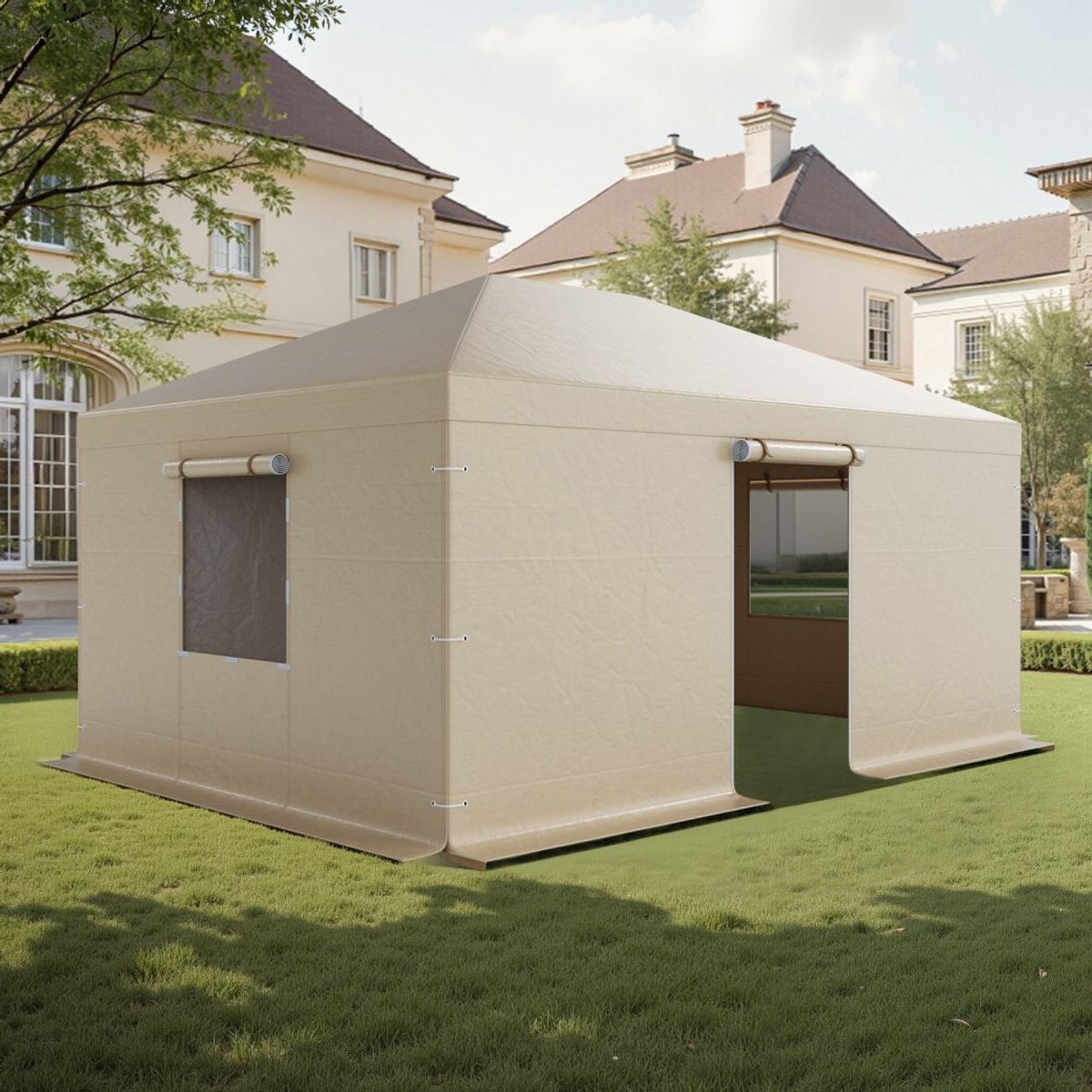 Winterhoes voor Tuinpaviljoen - Vervangende Dak- en Zijwandhoes - Geschikt voor 3,68 x 4,9 m - Met Gaasramen - PE Materiaal - Weerbestendig - Paviljoen Niet Inbegrepen