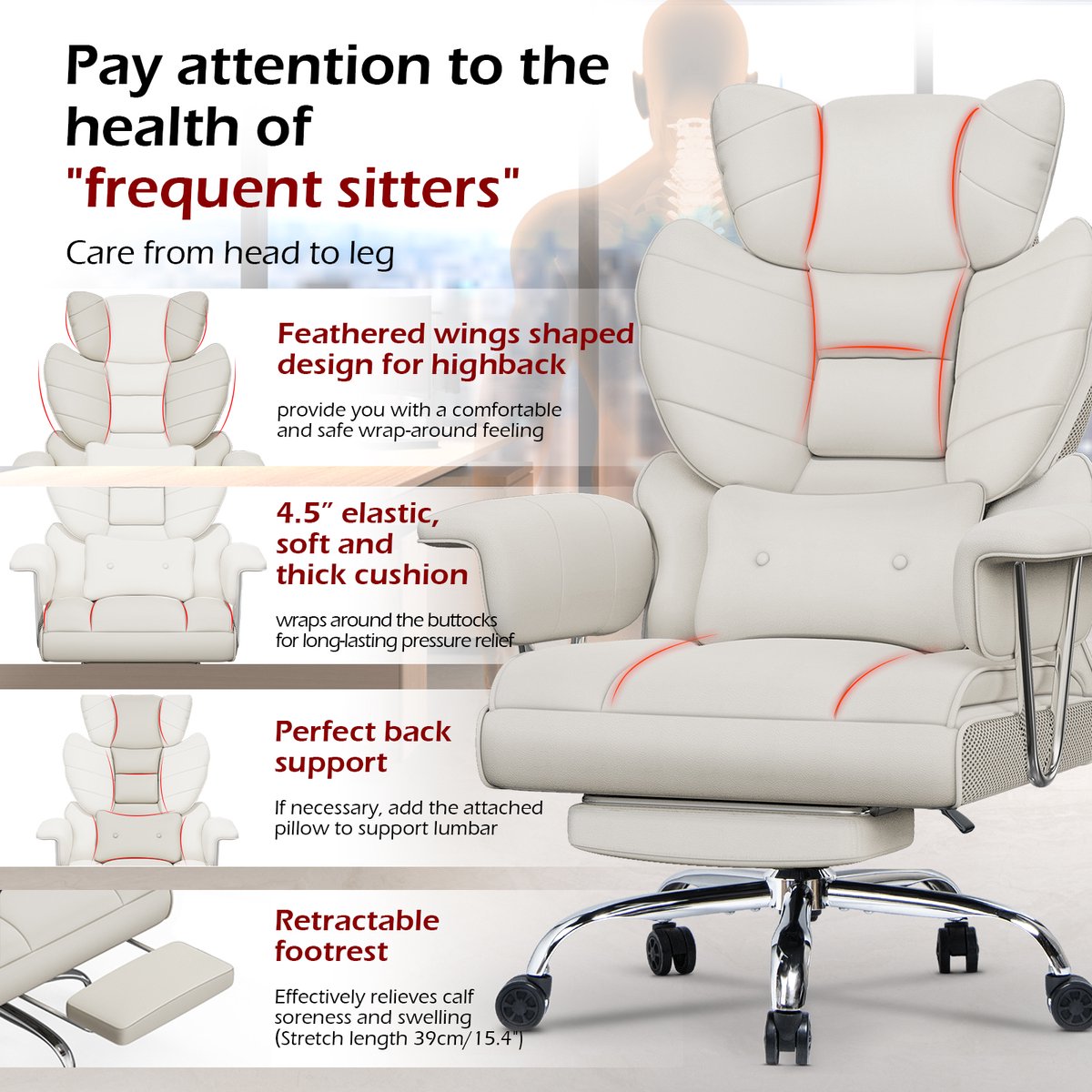 Lucky Earn Ergonomische Bureaustoel met Telescopische Voetsteun - afbeelding 3