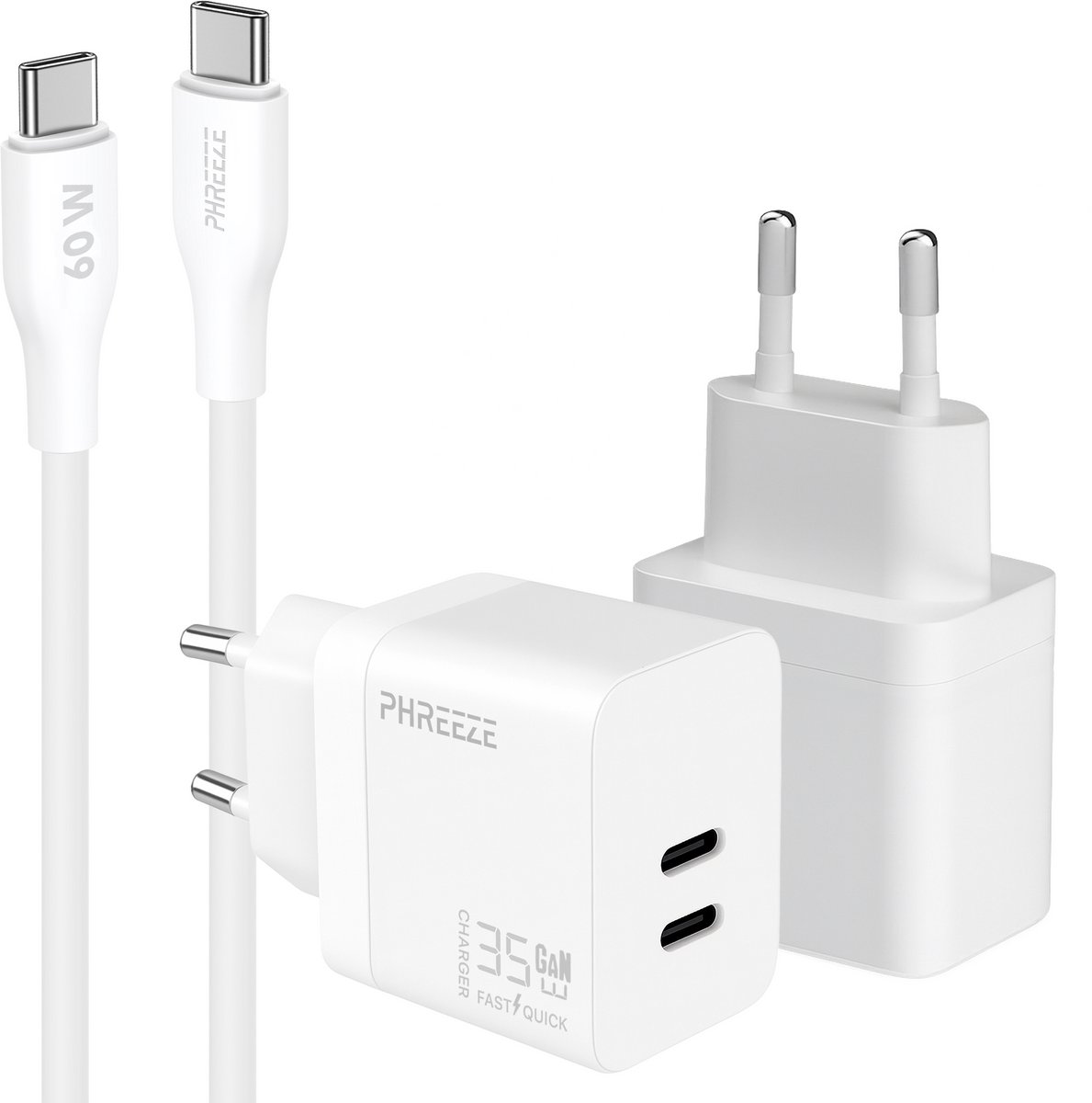 Phreeze usb C snellader 35w met kabel - Power Delivery oplader - GaN charger met 2 poorten