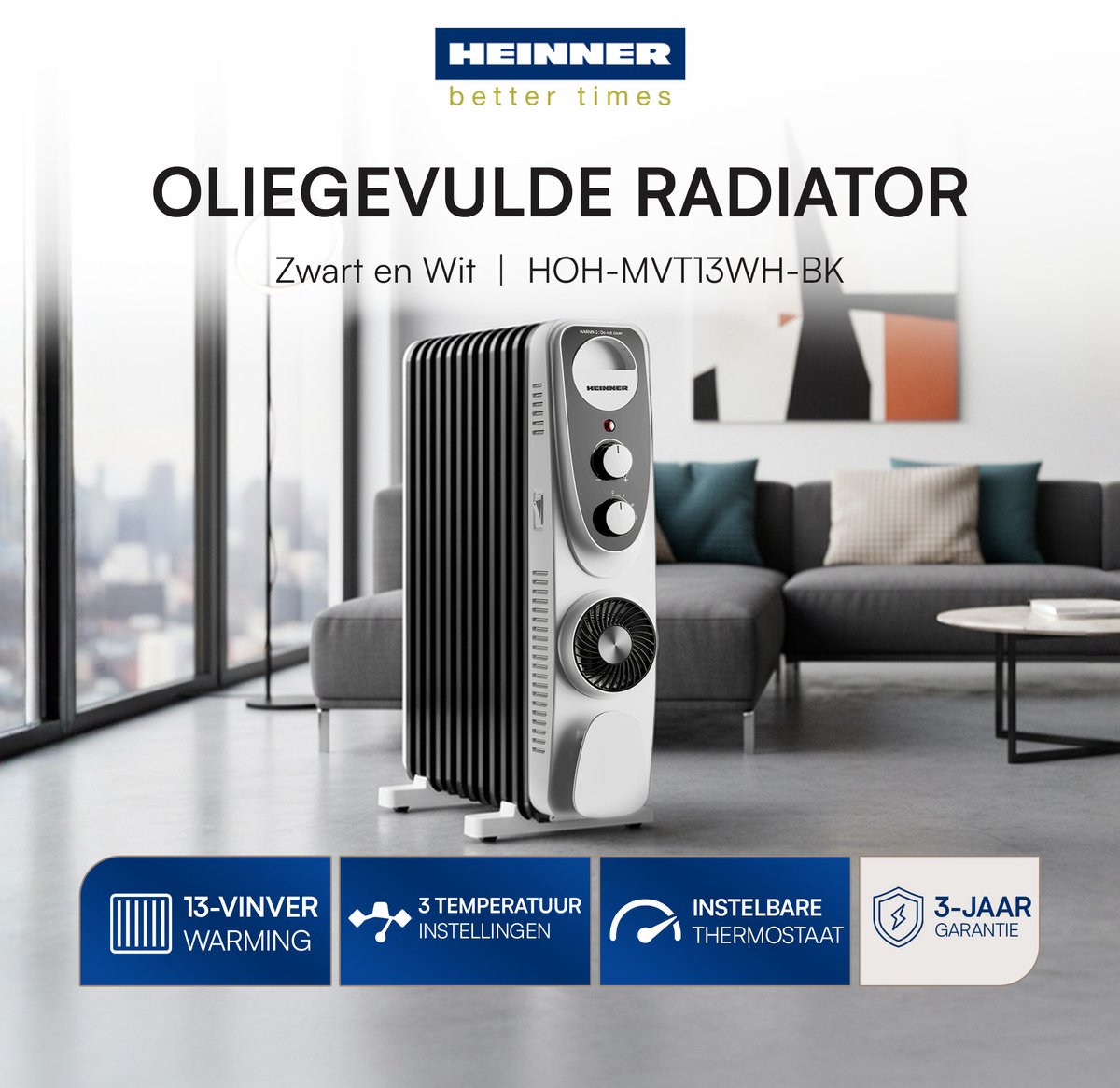Heinner Oliegevulde Radiator 2500 W – Met Ventilator – Turbo – 3 Standen – 13 Ribben – Oververhittingsbeveiliging – Omvalbeveiliging – Wit/Zwart – foto 4