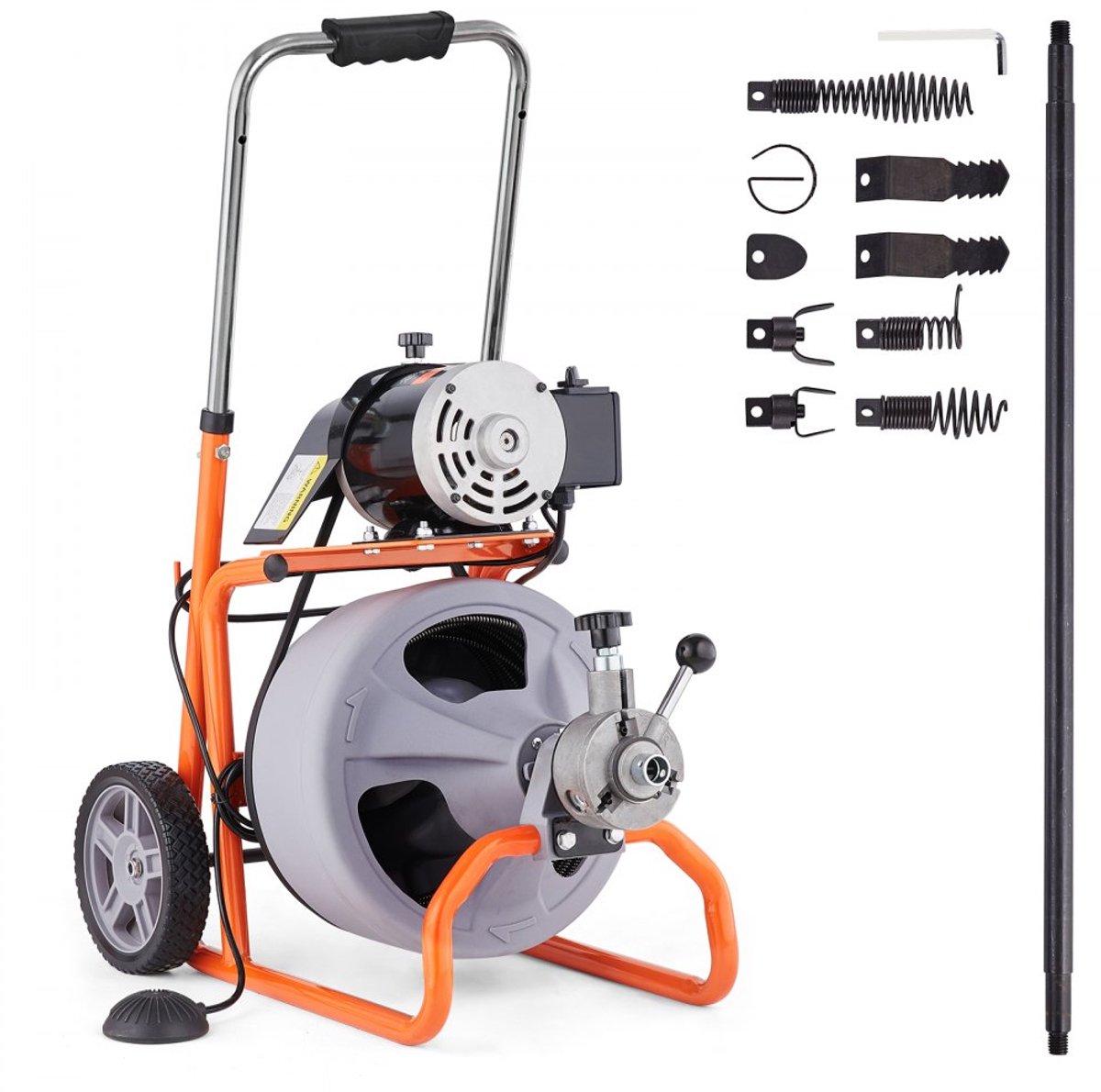 Rioolreinigingsmachine - Ontstoppingsmachine - Spiraal 23 m x 9,5 mm - Automatische Spiraaltoevoer - Voetschakelaar - Acht Snijmessen - Voor Buizen Ø5–10 cm - Op Wielen
