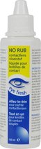Eye Fresh No Rub alles-in-één lenzenvloeistof 100 ml in witte fles met gele en blauwe labels. Beschrijving in het Nederlands en Frans.