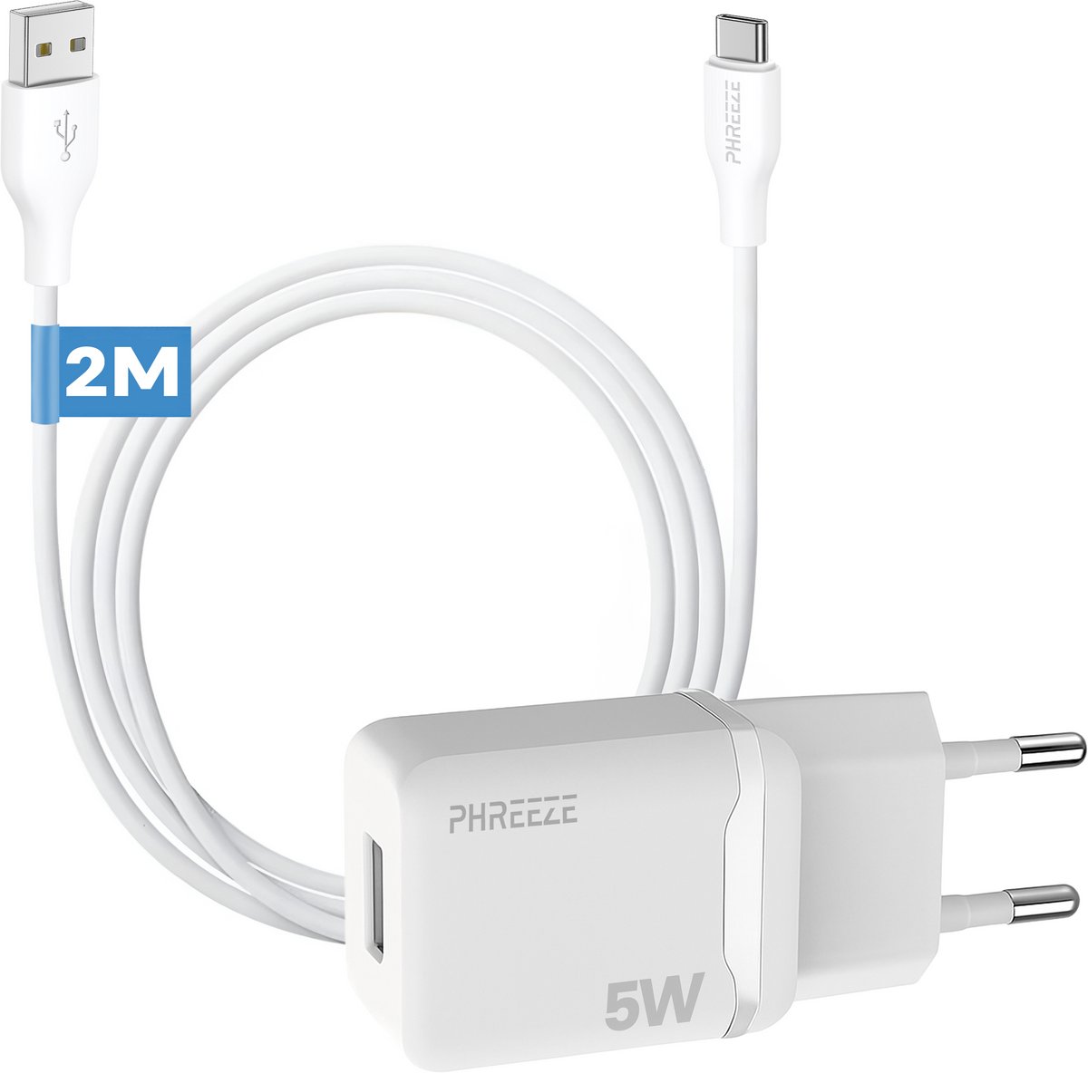 Phreeze usb lader 5V 1A - Usb C naar usb kabel 2m - Usb stekker voor gsm tablet accessoires - Universele usb oplaadblokje 5w