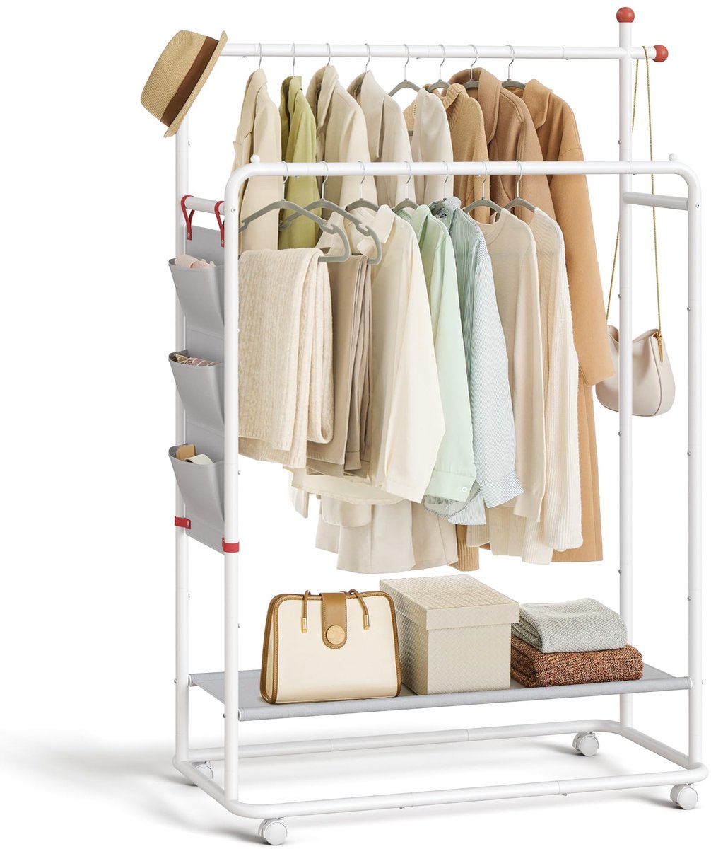 Sierra Kledingrek, HOME Kledingrek op Wielen, Kapstok, 2 Kledingroedes, Opbergplank, Zijorganizer, Match Shape Haken, Stal, Slaapkamer, Hal, Mat Wit HSR171W01