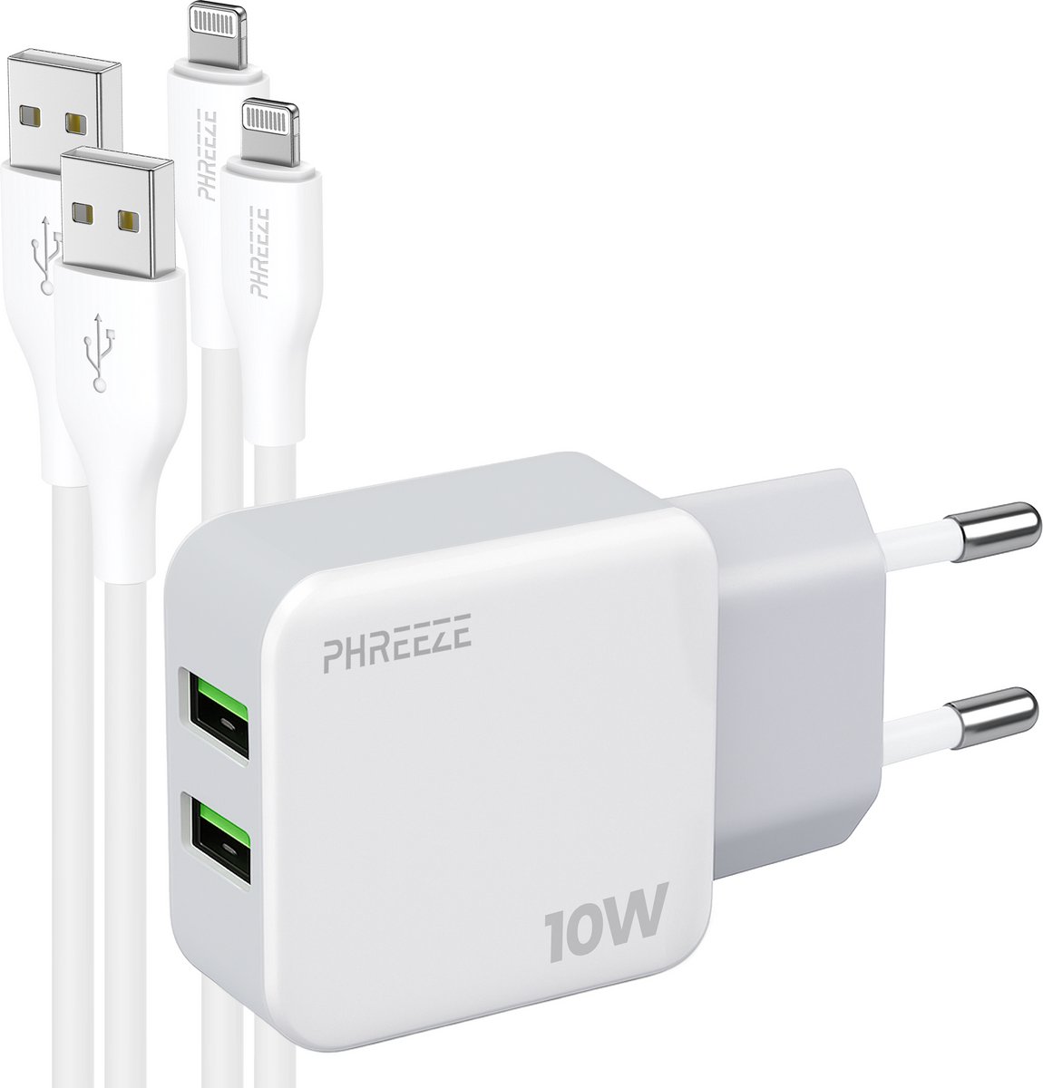 Phreeze usb oplader 10 W - Geschikt voor iPhone en iPad met Lightning kabel 1m - Dubbele usb poorten - 2 kabels meegeleverd