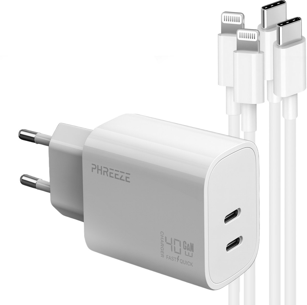 Snellader met 2 usb C poorten - 2x usb C naar Lightning kabels - MFI gecertificeerde oplader