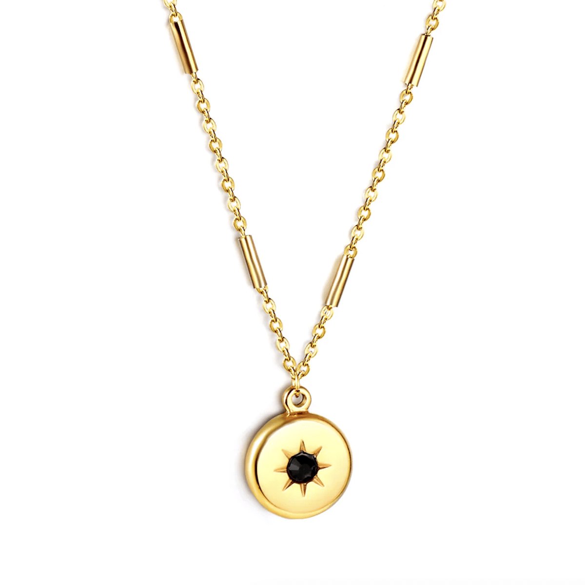 Planet Pink - Ketting bedeltje ster zwart steentje goud - Stainless Steel - Roestvrij Staal rvs - Waterproof