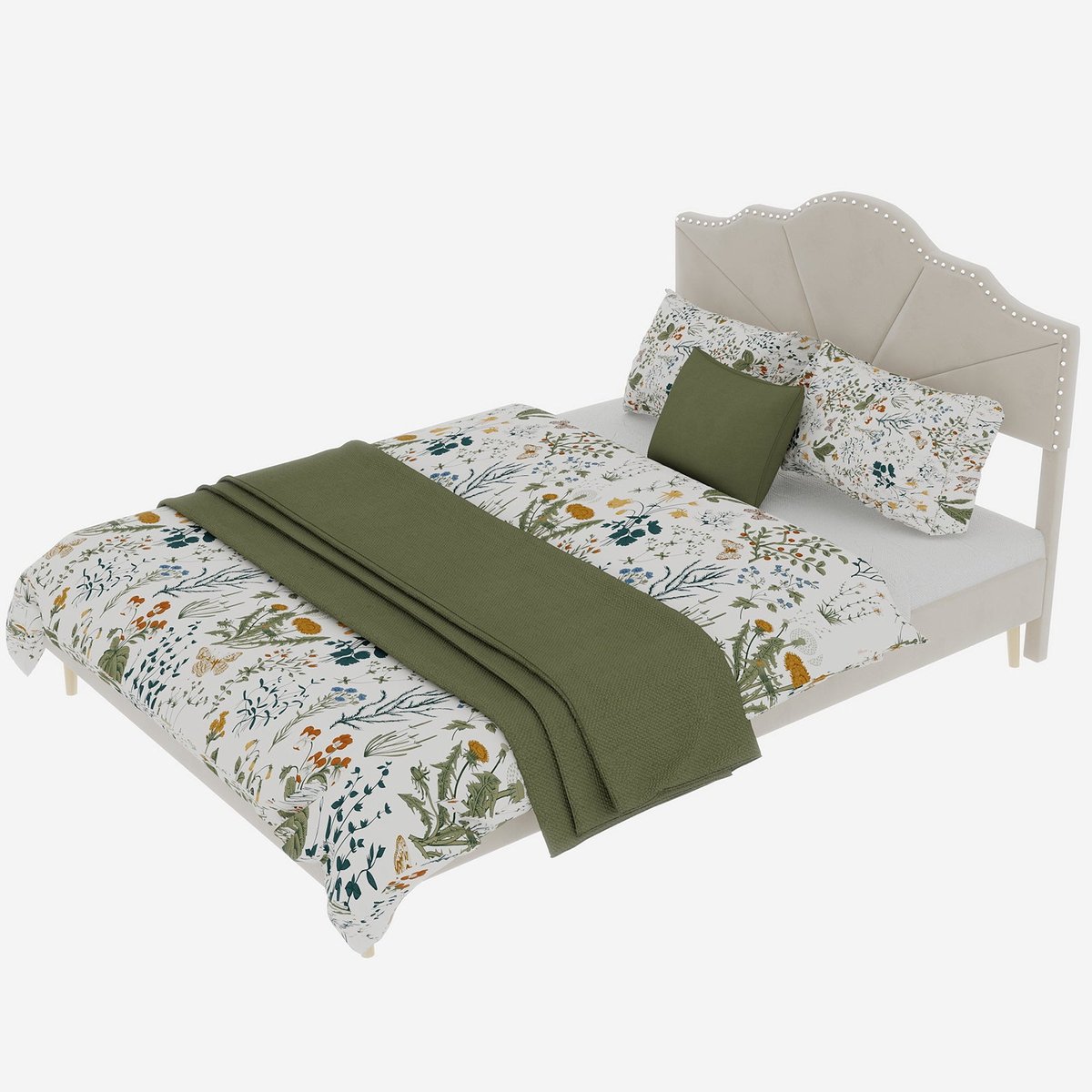 Merax Gestoffeerd Bed 140x200 - Fluwelen Stof Beige - Modern Design - Metalen Frame - Houten Lattenbodem - Zonder Matras