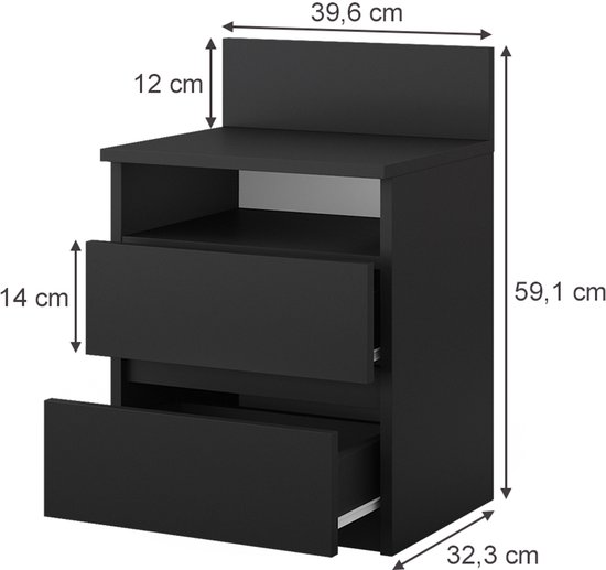 Table de nuit noire avec dimensions: 39,6 x 32,3 x 59,1 cm. Deux tiroirs et un compartiment ouvert.