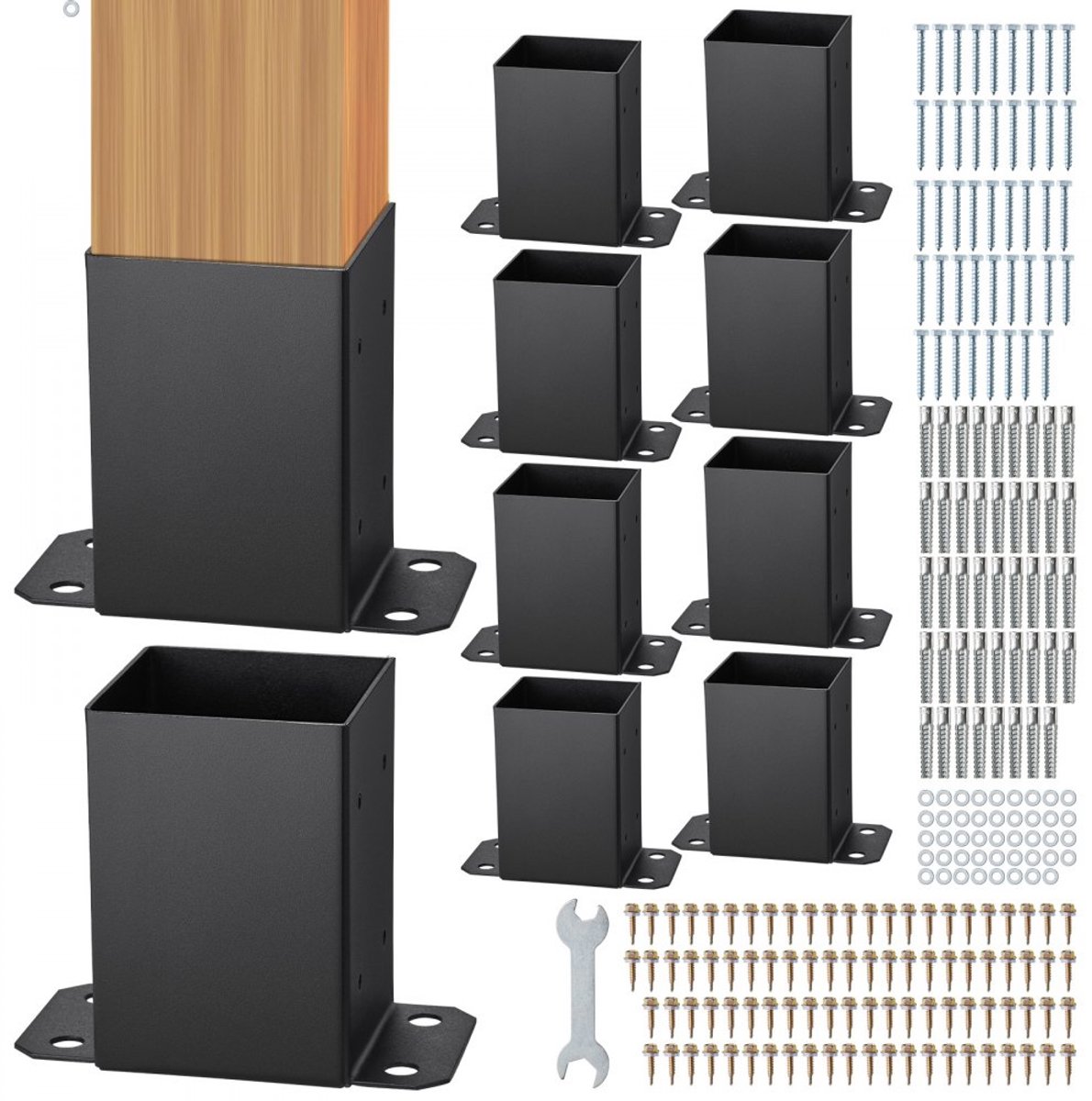 Paaldragers en Paalschoenen - Set Van 10 - Afmeting 96 x 140 x 163 mm - Koolstofstaal - Schroefhulzen met Steunvoeten - Grondhulzen - Voor Verandaleuningen, Pergola's en Kolommen