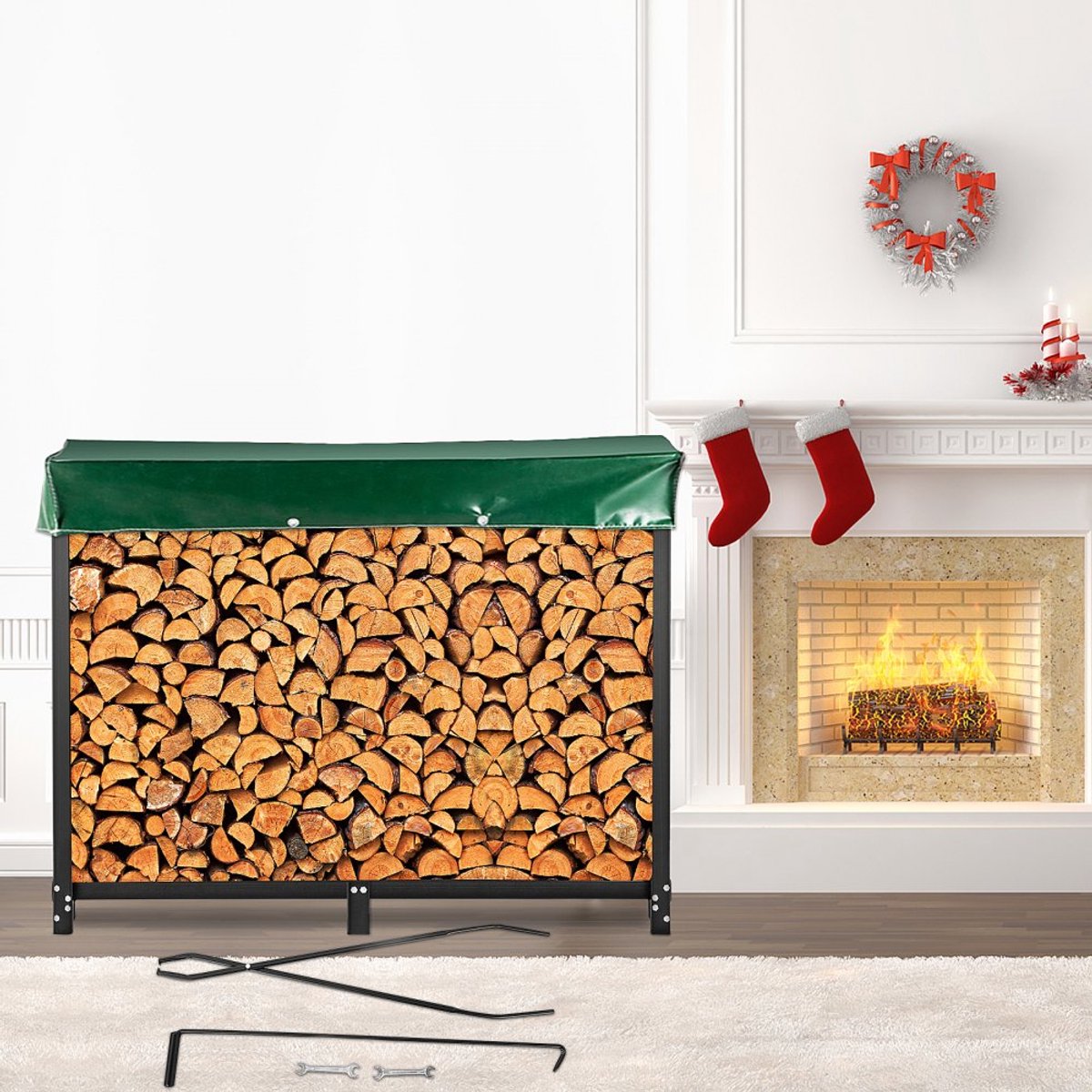 Brandhoutrek / Haardhoutrek - Houtopslag Rek Metaal - Lengte 244 cm - Draagvermogen 590 kg - Voor Binnen & Buiten - Weerbestendig - Zwart