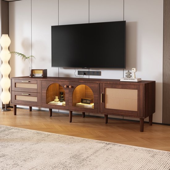 Meuble TV OKWISH - Meuble TV avec 2 tiroirs en Rotin, 2 portes vitrées et 1 porte en Rotin - Éclairage LED - Pour salon, salle à manger et chambre à coucher - 180x40x50 cm - Bois - Marron