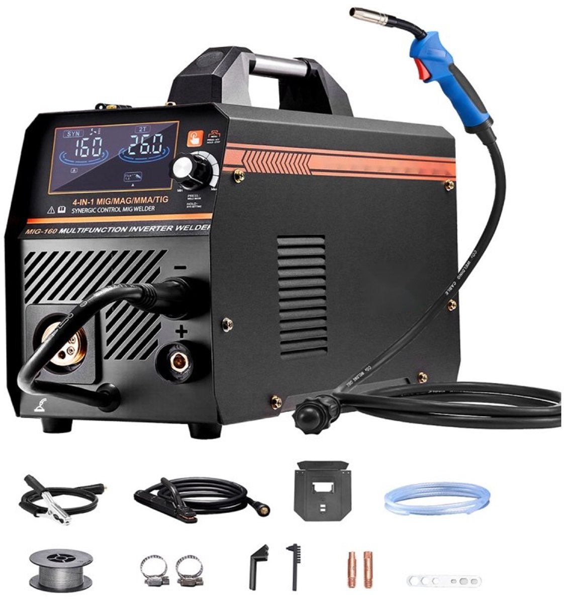 MIG Lasapparaat / Lasmachine - 160 A 4-in-1 Multiproces Inverter - Synergisch - MIG/MAG, MMA, Lift-TIG - IGBT Inverter - LCD-Display