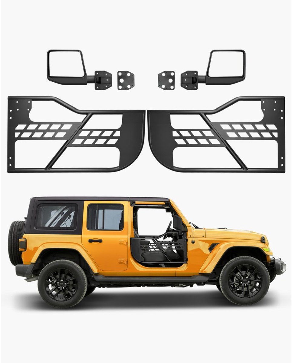Buisdeuren / Tube Doors - 2-Deurs Set - Originele Sluiting - Robuuste Scharnieren - Met Achteruitkijkspiegels - Voor Wrangler JL 2018-2024 & Gladiator JT 2020-2024