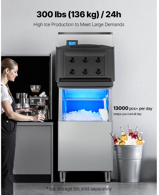 Commerciële ijsmachinekop - Kopunit (alleen kop) - Capaciteit 136 kg/dag - Roestvrij staal & PE-kunststof - Slim bedieningspaneel - Reiniging met één knop - Zilver van Merkloos — afbeelding 3