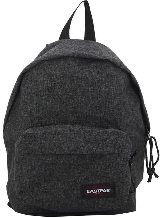 Donkergrijze Eastpak Orbit rugzak in denimlook, deels open.