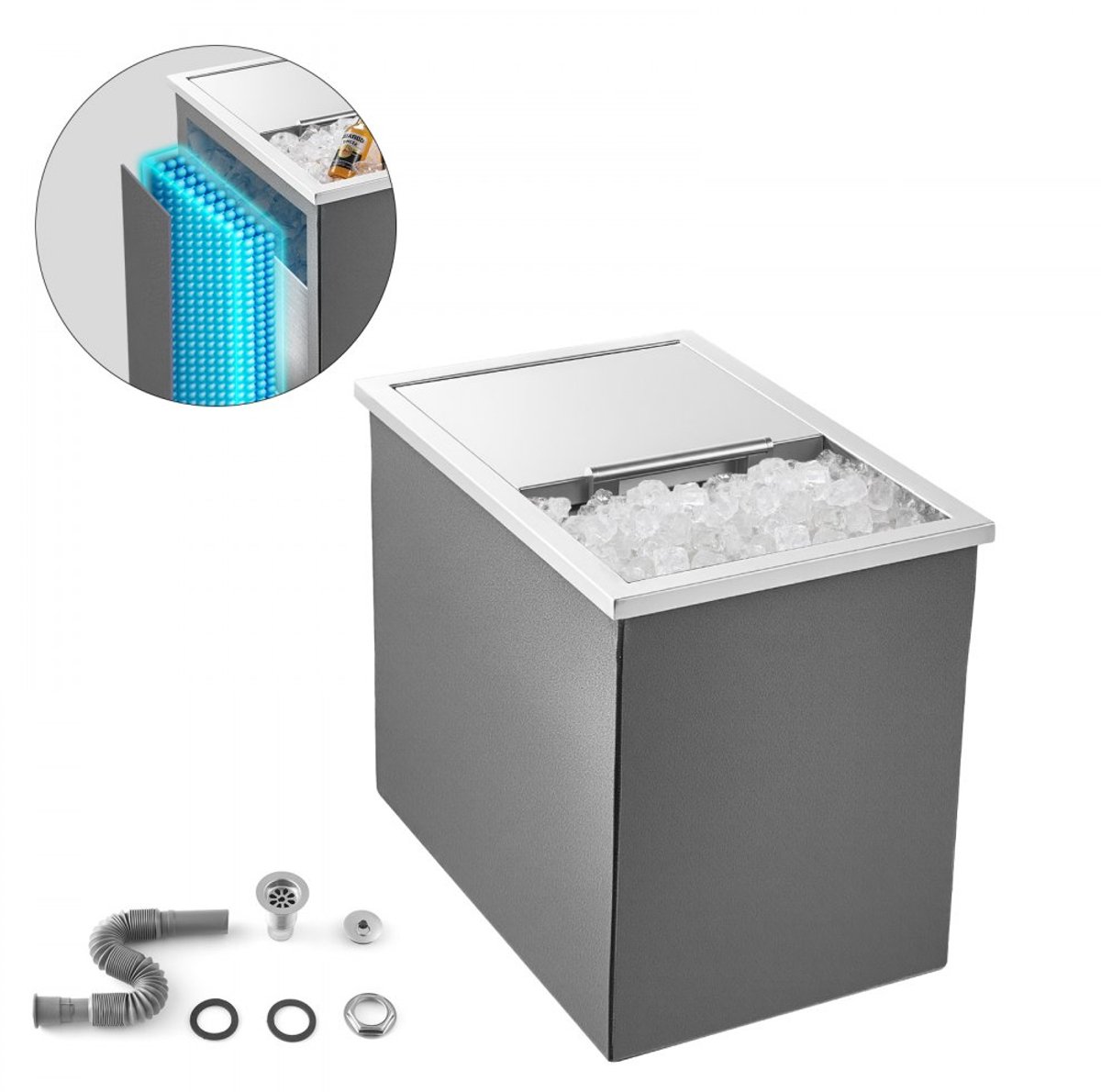 Inbouw drankkoeler - RVS koelbox 27,1 L - Schuifdeksel - Voor buitengebruik - Inclusief afvoerset - 455 x 305 x 400 mm